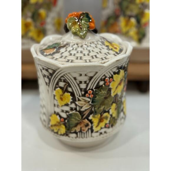 MCM Lefton Basketweave Autumn Leaves Canister Cookie Jar Set Japan 1960s Fall - Picture 4 of 10